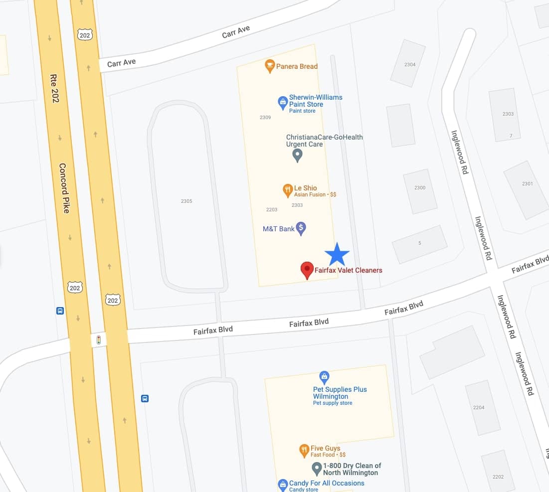 A bird's eye view map of Fairfax Valet Cleaners' drop off box location marked by a blue star